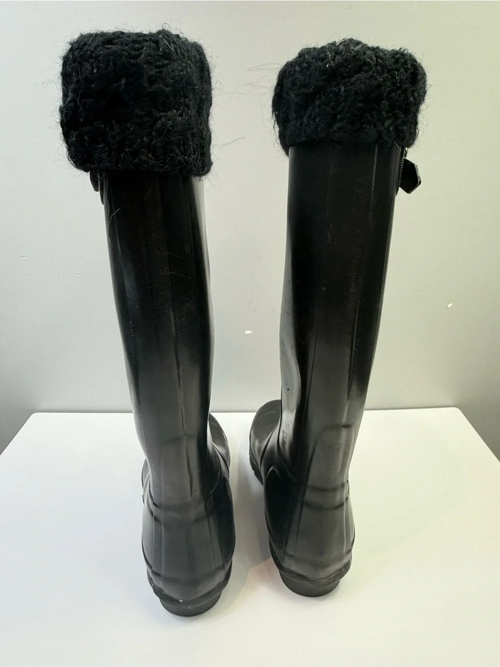 Hunter Original Tall Rain Boots Black w/ Knit Cuff Socks Size 7 / EU 38